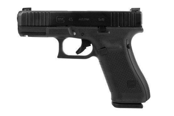 Glock 9mm Gen 5 G45 pistol with ambidextrous slide serrations and reversible magazine.